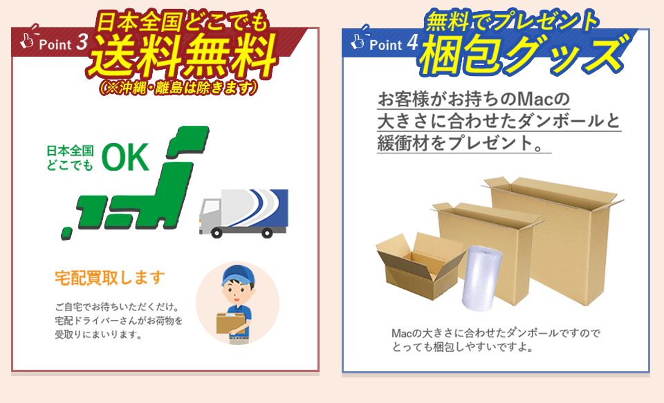 point3-日本全国どこでも送料無料。※沖縄・離島は除きます。
            当店は宅配買取を行なっているため、ご自宅でお待ちいただくだけで大丈夫です。
            宅配ドライバーさんがお荷物を受け取りにまいります。
            point4-梱包グッズを無料でプレゼント！お客様がお持ちのMacの大きさに合わせたダンボールと緩衝材をプレゼント。
            Macの大きさに合わせたダンボールですのでとっても梱包しやすいですよ。